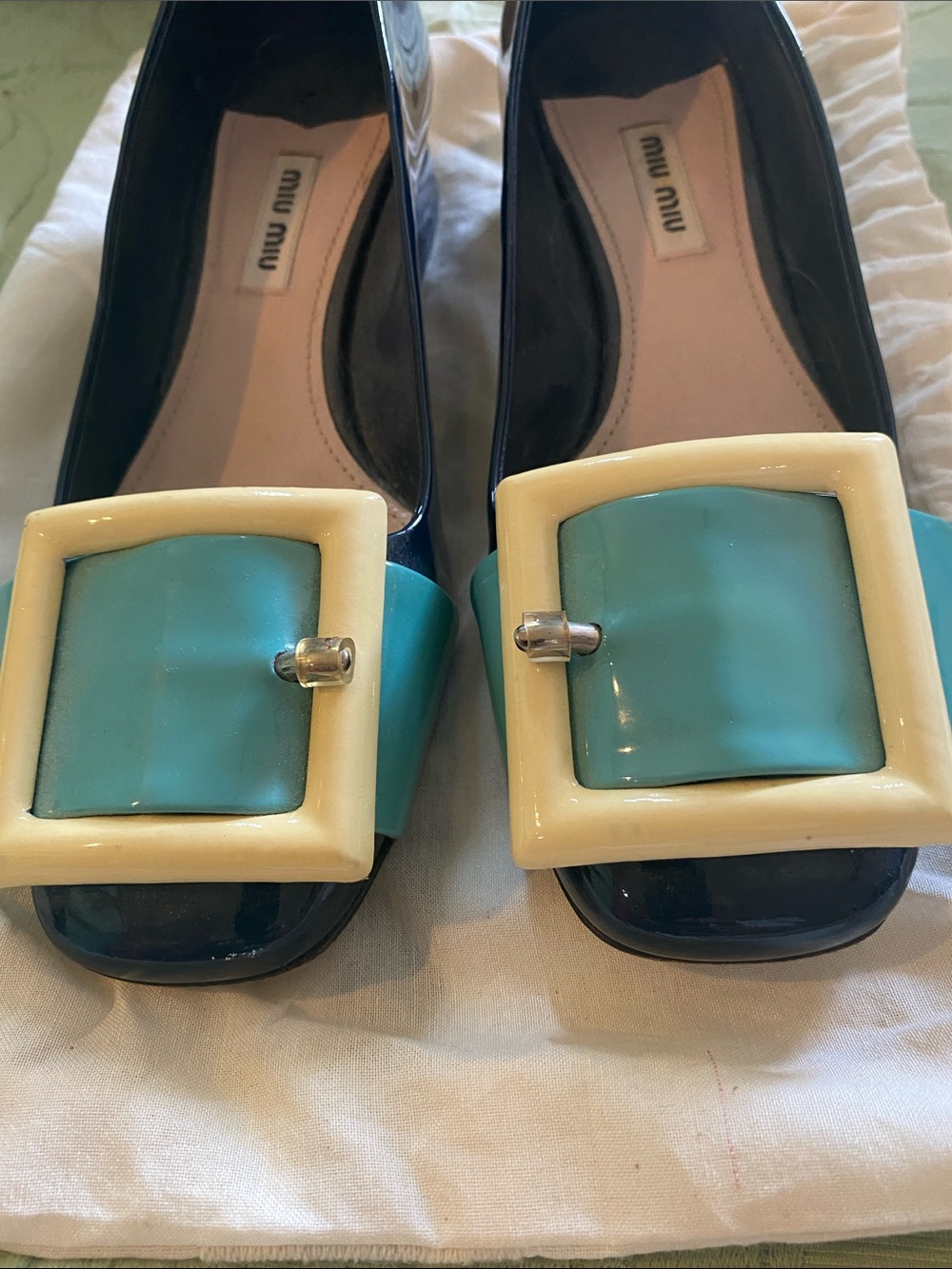 Miu Miu Navy Patent Flats with Turquoise and Cream Buckle size 6.5/36.5 - Picture 2 of 8